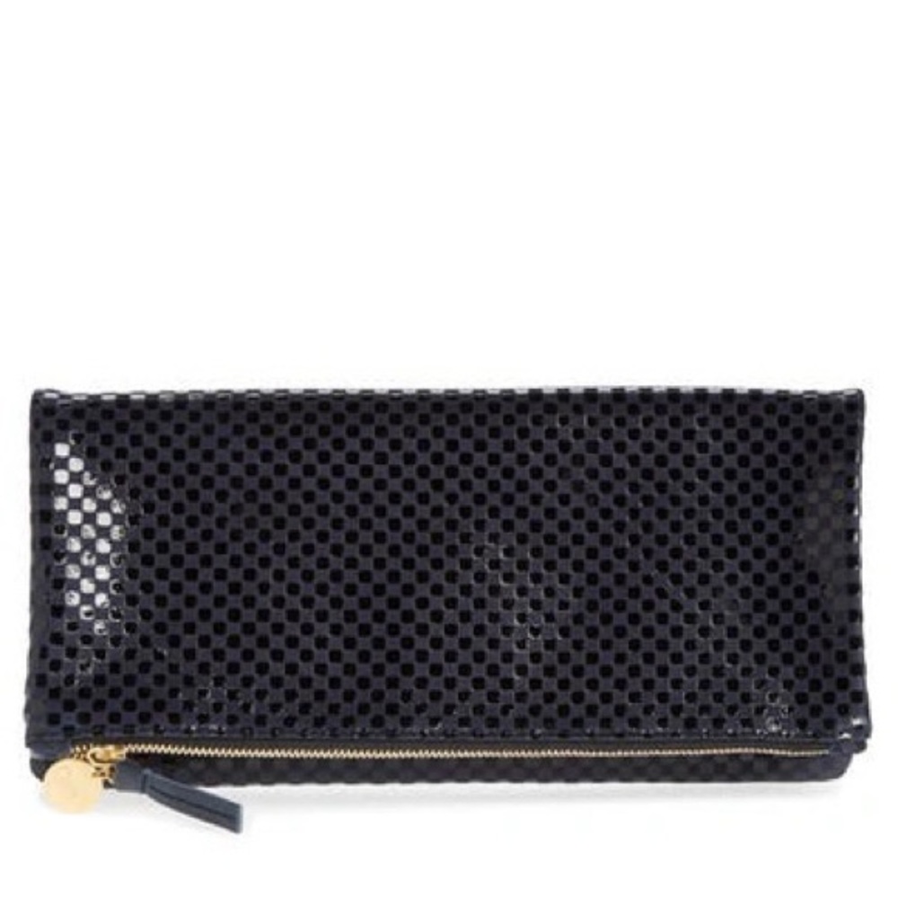 Clare V Foldover Clutch Navy Blue w/ Balck Mini Checks